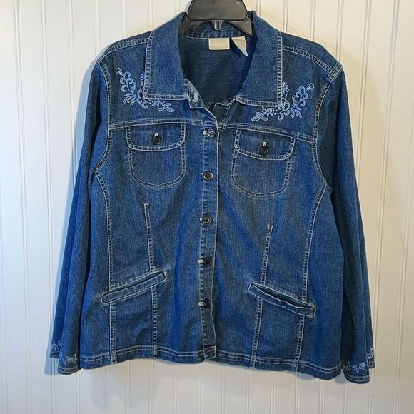 Erika Denim Jacket Womens Size Xlarge Blue Embroidered Floral Button Up Long Slv - Picture 1 of 12